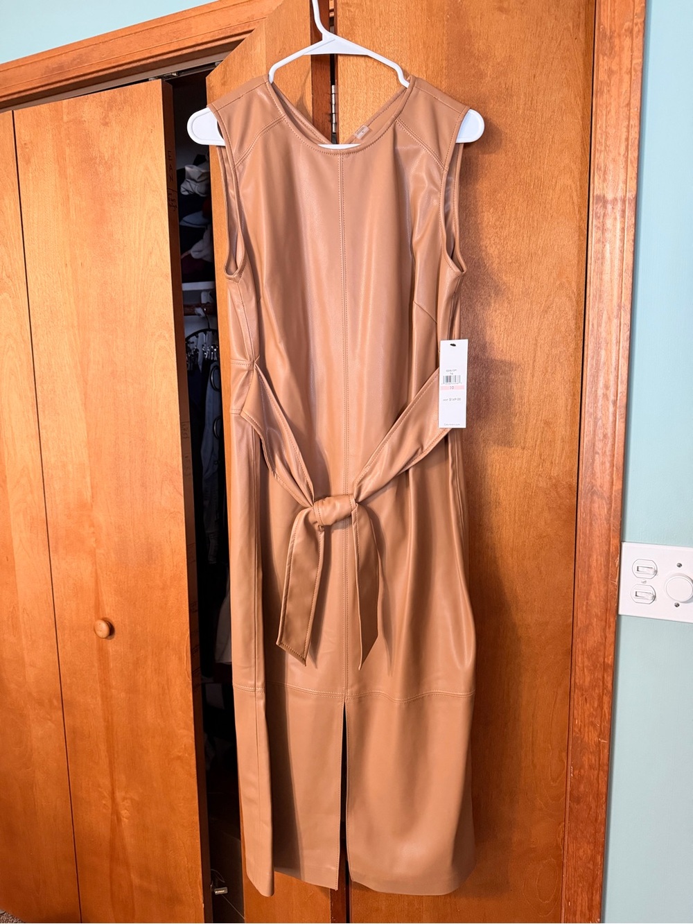 Calvin Klein Faux Leather Wrap Dress in Camel Tan